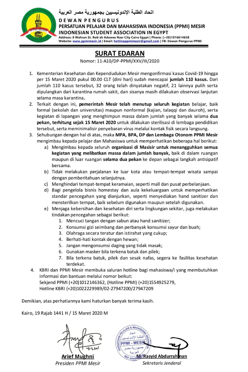 Surat edaran resmi PPMI Mesir terkait langkah pencegahan pandemi Covid-19 bagi Masisir. (Sumber: PPMI Mesir)